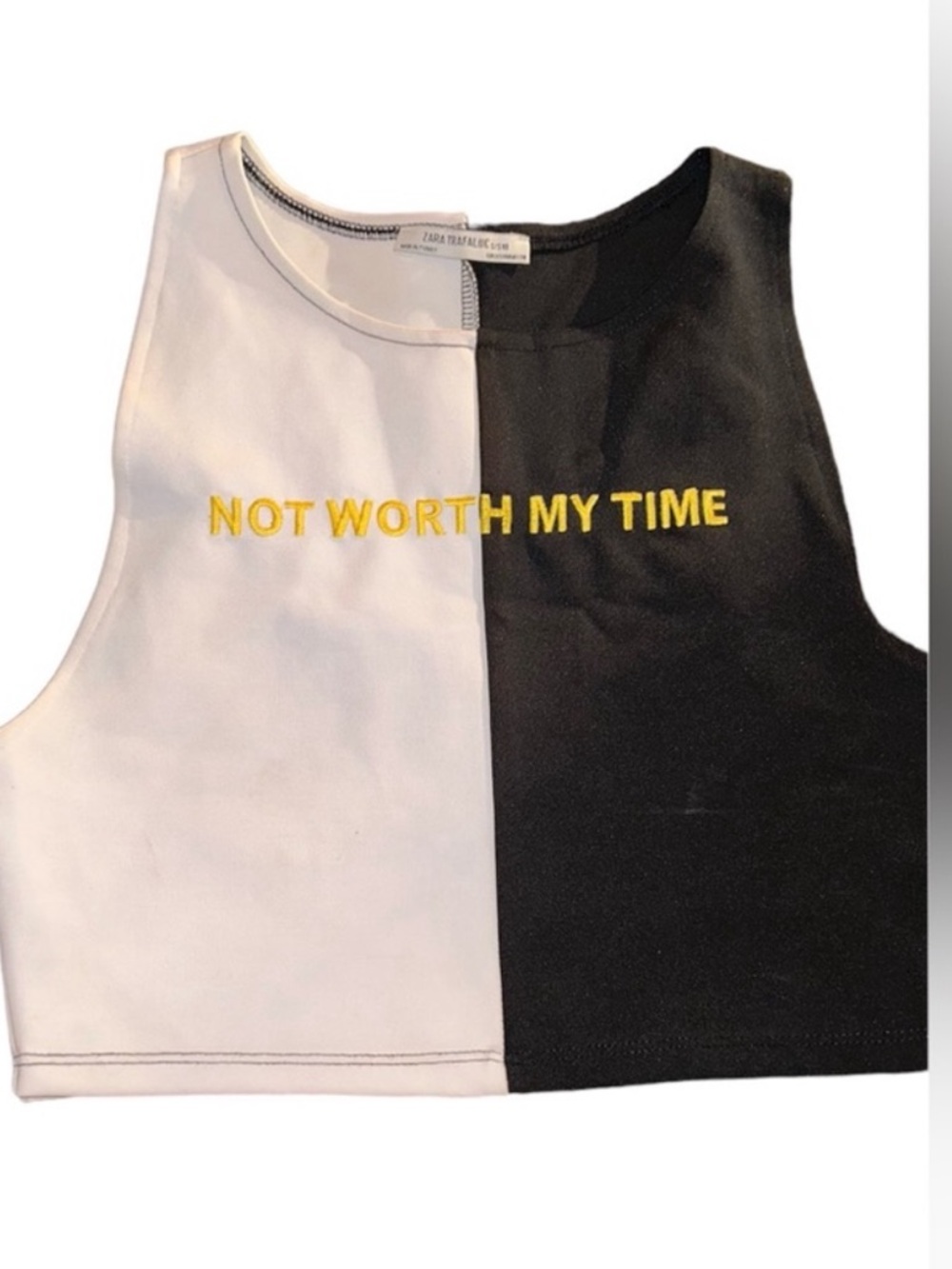 Zara GYM or not Black and White Colorblock Tank with Yellow Slogan
NWOT